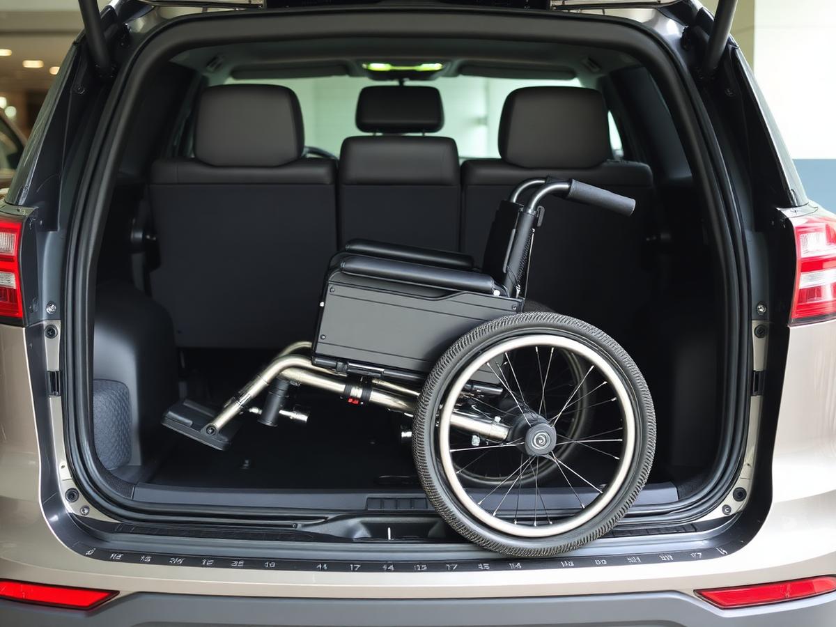 Lightweight folded manual wheelchair loaded into a car boot