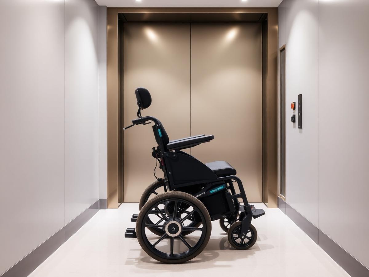 ROVI foldable electric wheelchair in a modern Singapore lift lobby