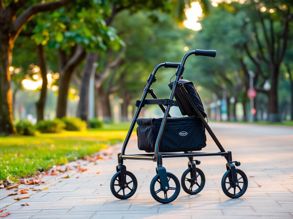 Premium lightweight rollator with seat on a park pavement